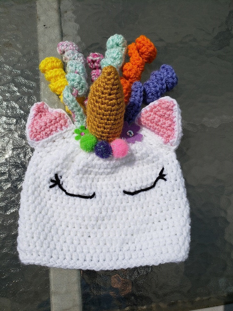 Unicorn crochet hat -  0-3 mths or any size to 18mth same