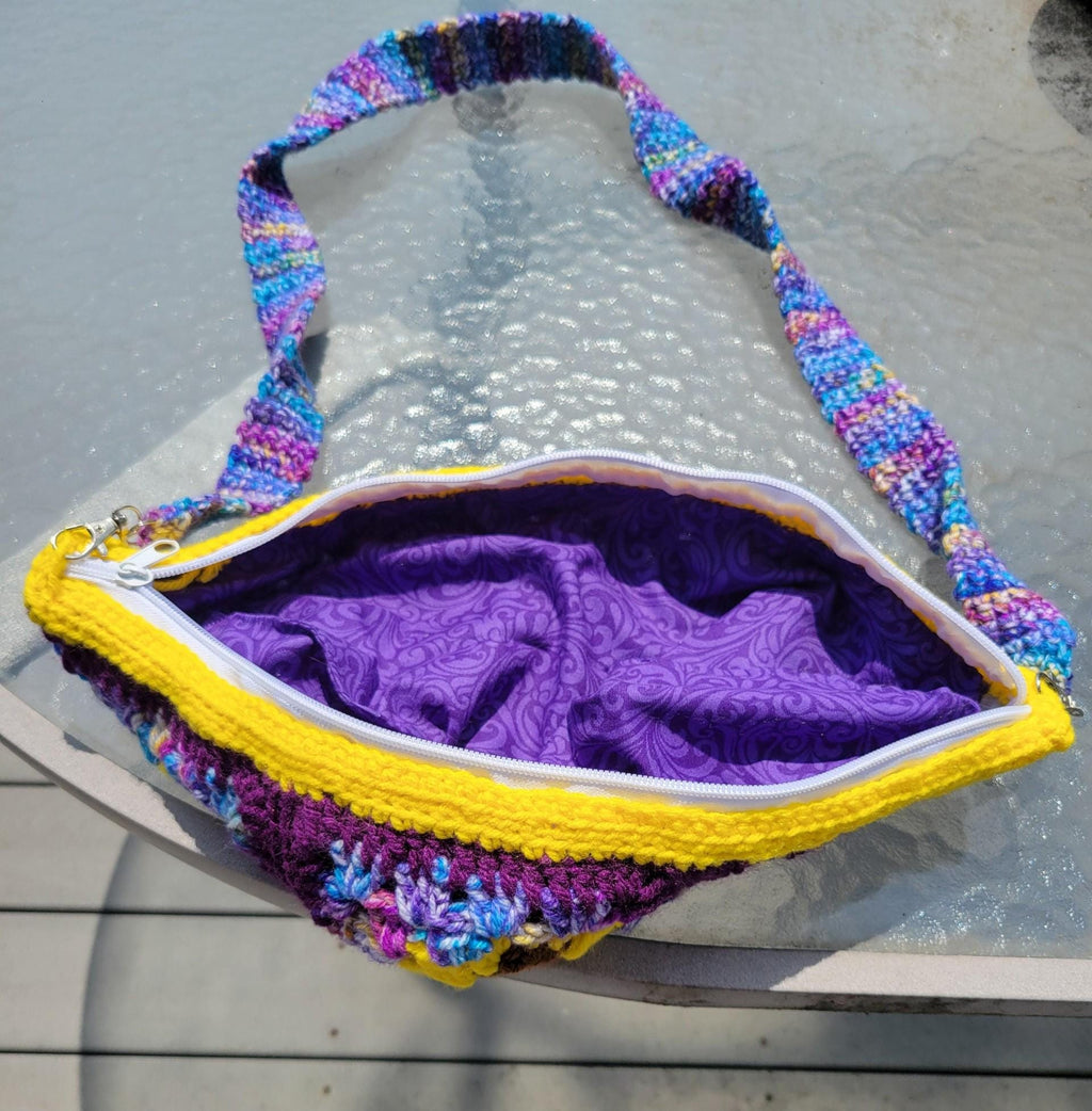 Crocheted crossbody bag. Sunflowers. Purple and multi with yellow.