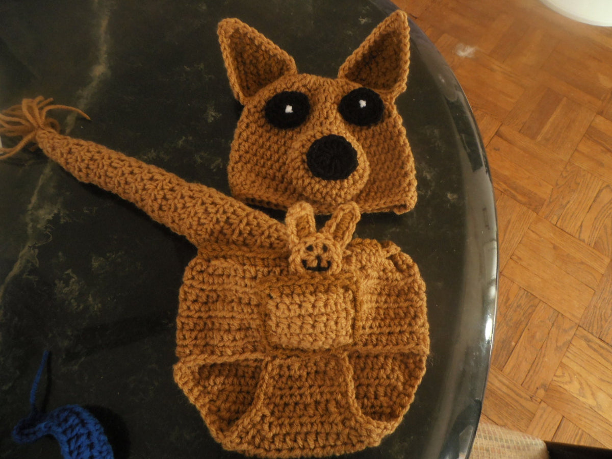 Crochet-Kangaroo baby hat & diaper cover costume   sizes 0-3mth to 18mth same price