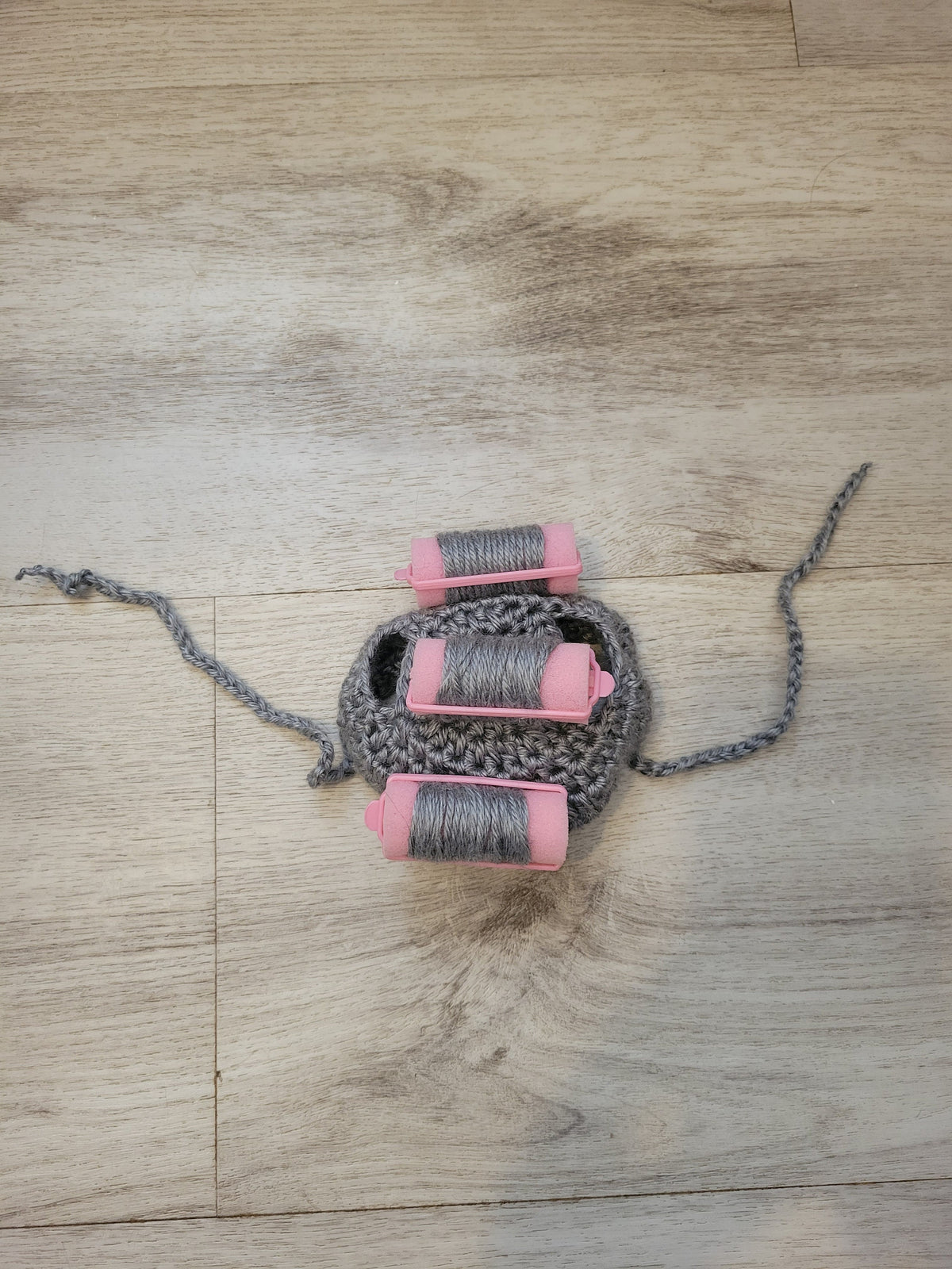 Cat or small dog crocheted grandma hat with rollers.