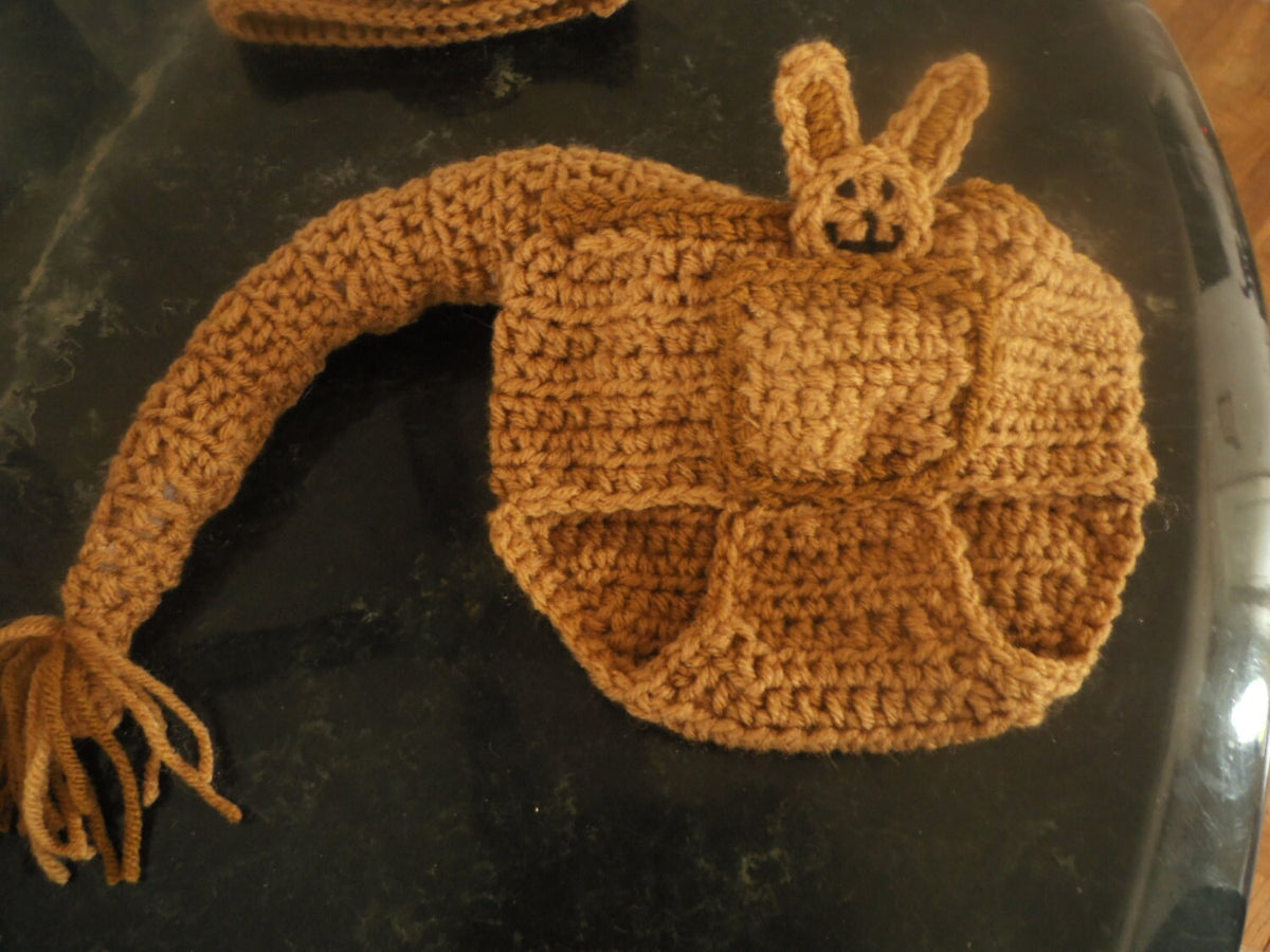 Crochet-Kangaroo baby hat & diaper cover costume   sizes 0-3mth to 18mth same price