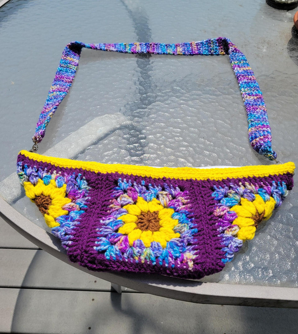 Crocheted crossbody bag. Sunflowers. Purple and multi with yellow.